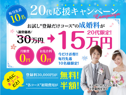 20代応援キャンペーン・登録だけコースの成婚料が20代限定で15万円